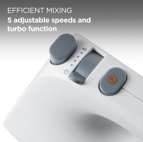 Close-up of Kenwood Lite Hand Mixer control panel showing 5-speed dial and turbo button in white and gray.