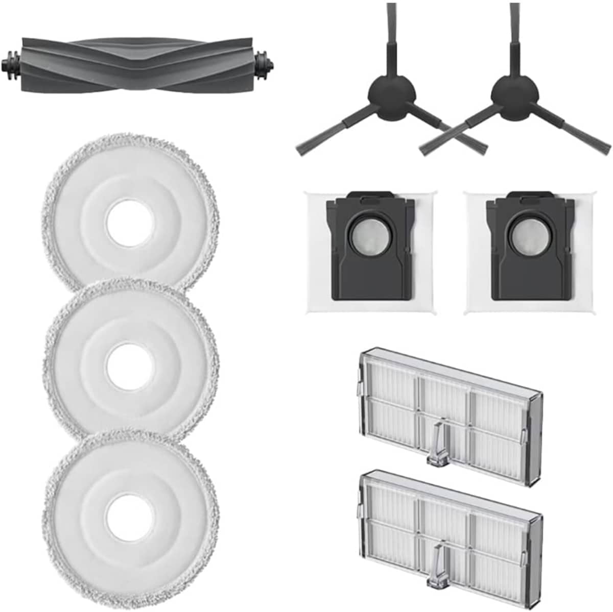 Dreame L10S Ultra accessory kit with roller brush, side brushes, mop pads, dust bags, and filters on white background