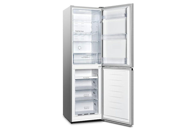 Hisense RB327N4BCE freestanding fridge freezer in stainless steel, energy-efficient, available at Keans Claremorris.