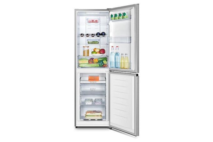Hisense RB327N4BCE freestanding fridge freezer in stainless steel, energy-efficient, available at Keans Claremorris