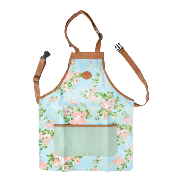 Rose print jute apron with adjustable neck strap and pockets for gardening tools – Keans Claremorris.