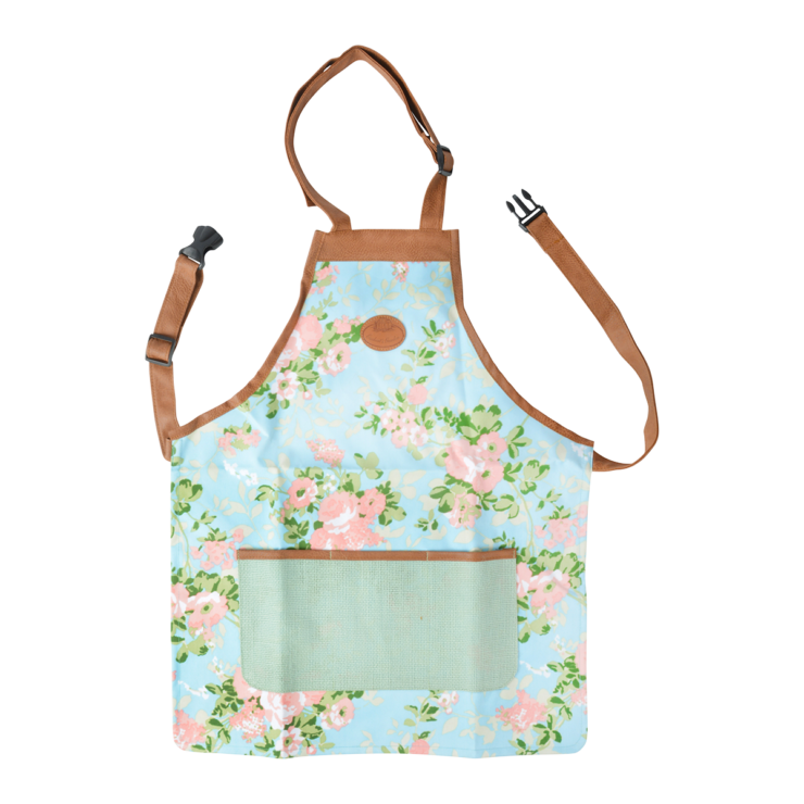 Rose print jute apron with adjustable neck strap and pockets for gardening tools – Keans Claremorris.