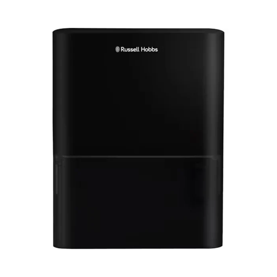Russell Hobbs 10L dehumidifier in black with compact rectangular design and visible water tank section.