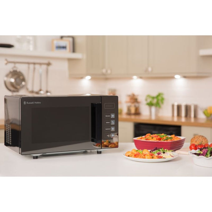 Russell Hobbs 23L Black Flatbed Microwave RHEM2301BLK, compact design, available at Keans Claremorris