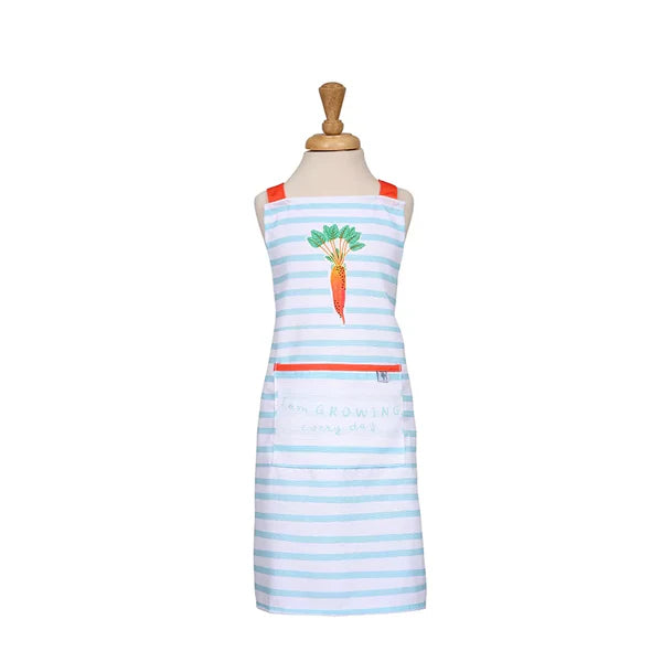 Blue RHS Home Grown Carrots RPET children's apron with adjustable neck and front pocket, eco-friendly, ages 4-10 – Keans