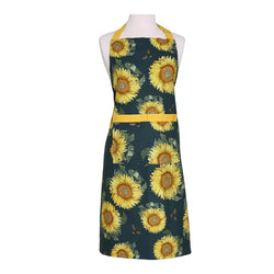 RHS Sunflower Navy Adult Apron with bee print, adjustable neck strap, pocket, machine washable - Keans Claremorris