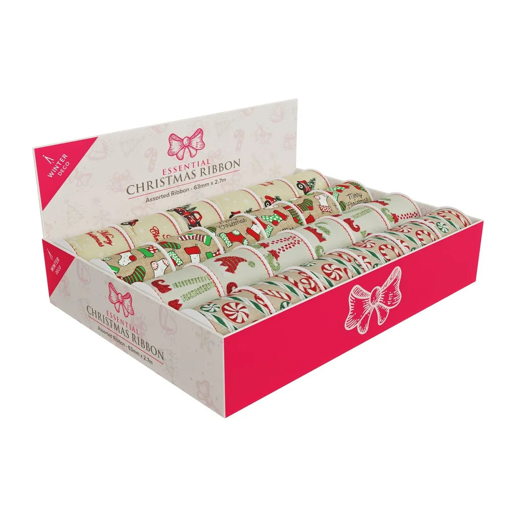 Display box with assorted 63mm x 2.7m hessian Christmas ribbons featuring candy cane and festive designs.