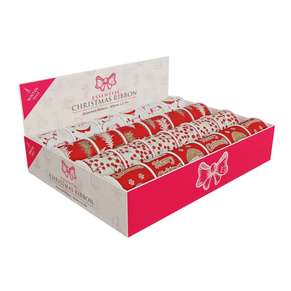 Box of assorted red and white 63mm x 2.7m Christmas ribbons with festive patterns and gold accents.