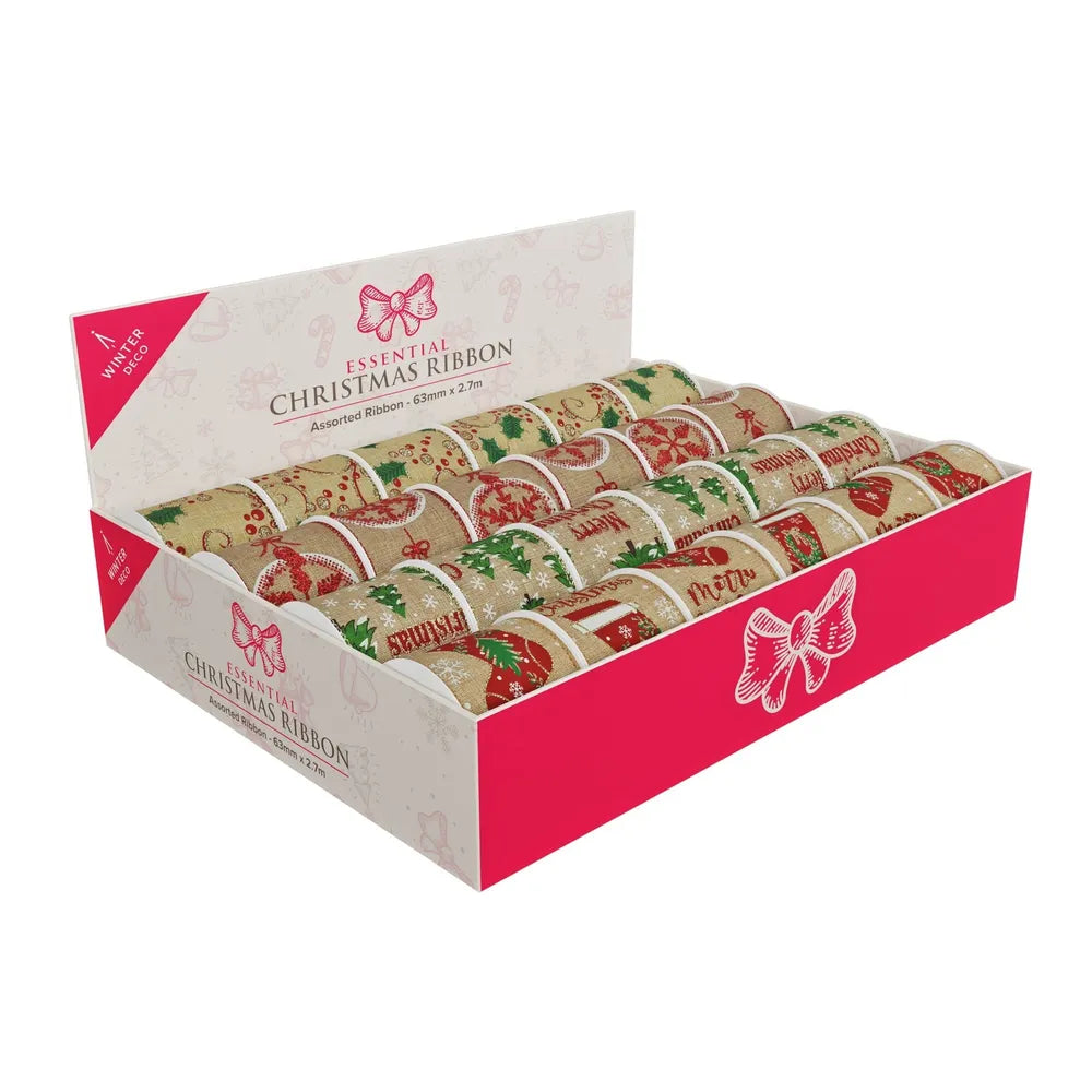 Display box with assorted 63mm x 2.7m hessian Christmas ribbons in festive red and green designs
