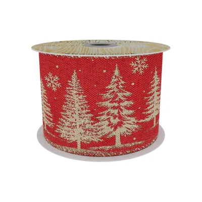 Red mesh ribbon spool with gold glitter Christmas tree and snowflake print, wired edges visible.