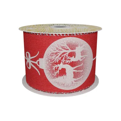 Red Satin Ribbon with Reindeer Bauble Print- White  63mm x 10yd - Image 1