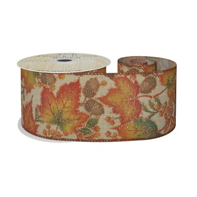 Natural Ribbon With Autumn Leaf And Acorns 63mm X 10Yds Wire Edge - Image 1