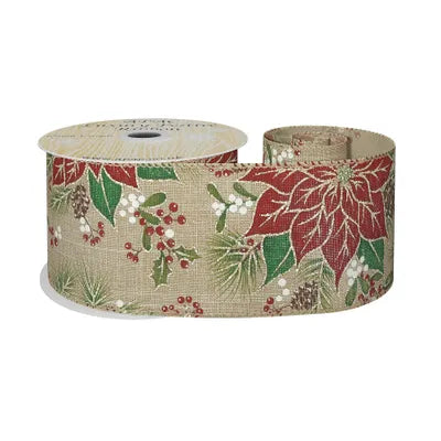 Natural ribbon roll with red and gold poinsettia, green leaves, and berries on a beige background, wired edge.