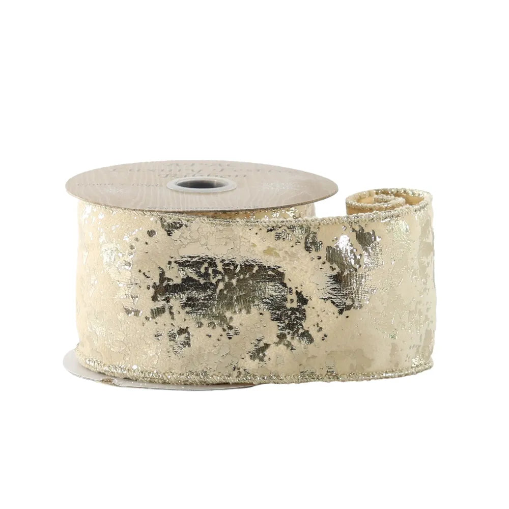 Roll of gold metallic and velvet wired edge ribbon with textured, reflective surface, partially unrolled.