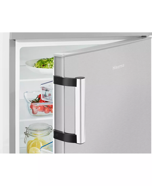 Hisense 56cm undercounter fridge with stainless steel door, open showing fresh food inside and silver handle.