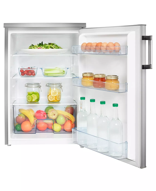 Hisense 56cm undercounter fridge open, showing shelves with fruits, vegetables, jars, eggs, and bottles inside.