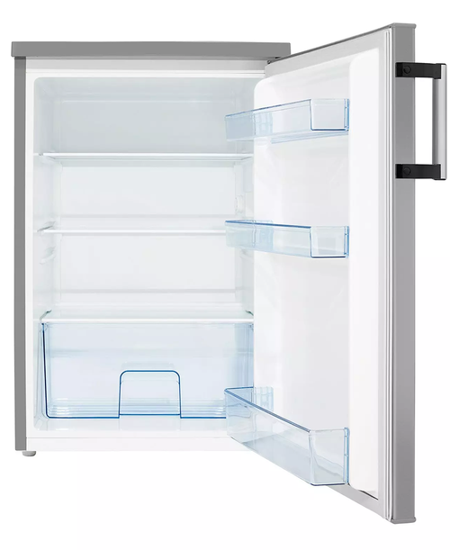 Hisense 56cm undercounter fridge with open door showing shelves, vegetable drawer, and door storage compartments.