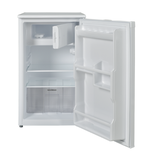 Nordmende white 48cm larder fridge with open door showing ice box, shelves, and door storage compartments