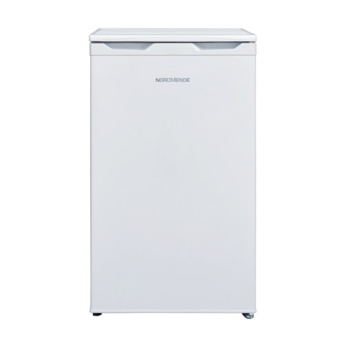 Nordmende white 48cm undercounter larder fridge with recessed handle and compact design, front view.