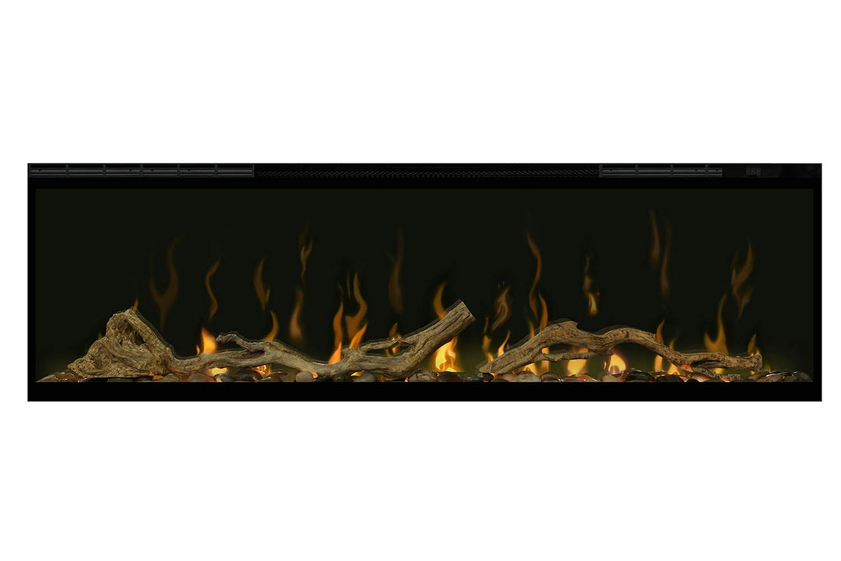 50" Dimplex LED electric fireplace with Driftwood and River Rock fuel bed accessory lit with glowing flames