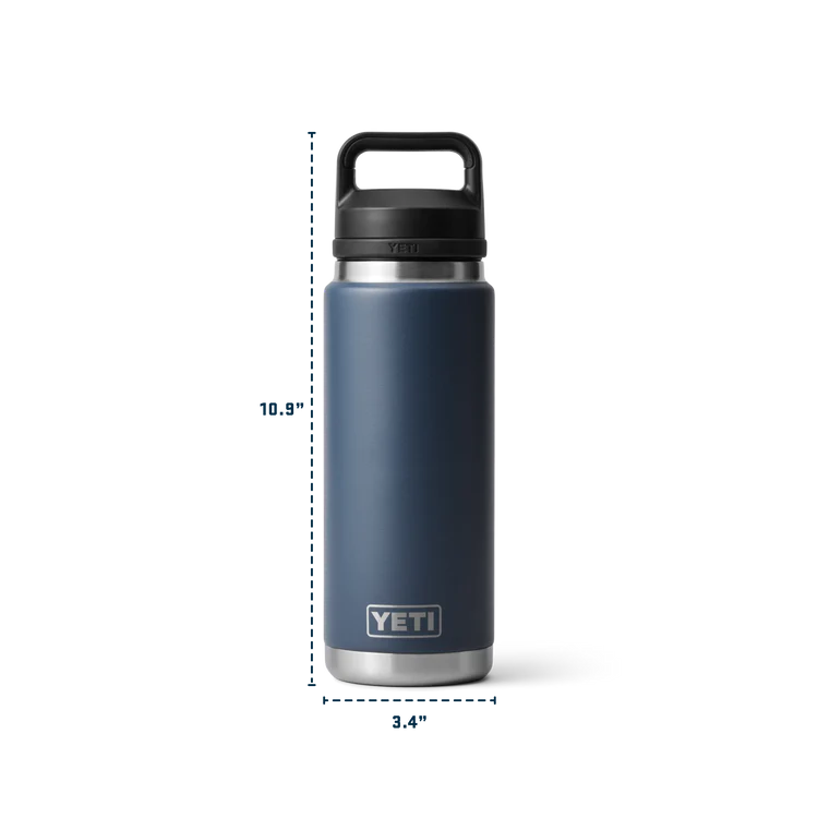 Yeti Rambler 26 oz navy bottle with black chug cap and silver base shown upright on white background