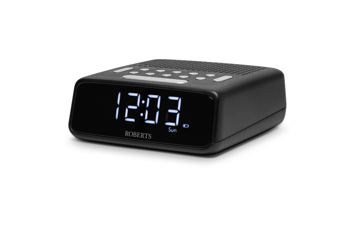 Roberts FM Alarm Clock Radio in black with dual alarms, LED display, FM tuner, and battery backup – available at Kean’s