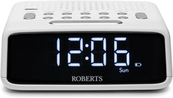 Roberts Ortus FM Alarm Clock Radio in white with dual alarms, LED display, FM tuner, and battery backup – available at
