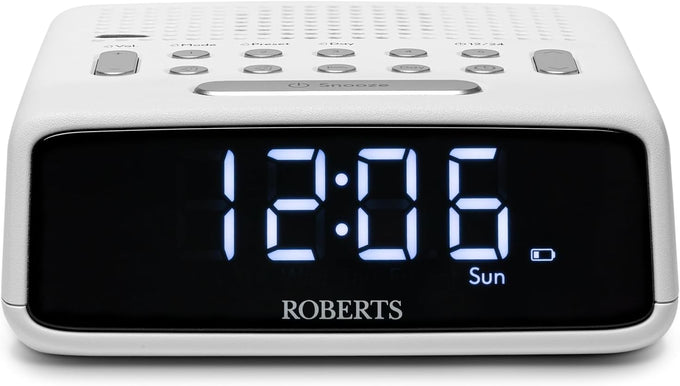 Roberts Ortus FM Alarm Clock Radio in white with dual alarms, LED display, FM tuner, and battery backup – available at