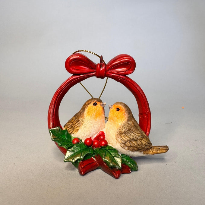 Robin Couple in Bow with Christmas Holly Tree Trim – 7.5x4x7cm Keans Claremorris