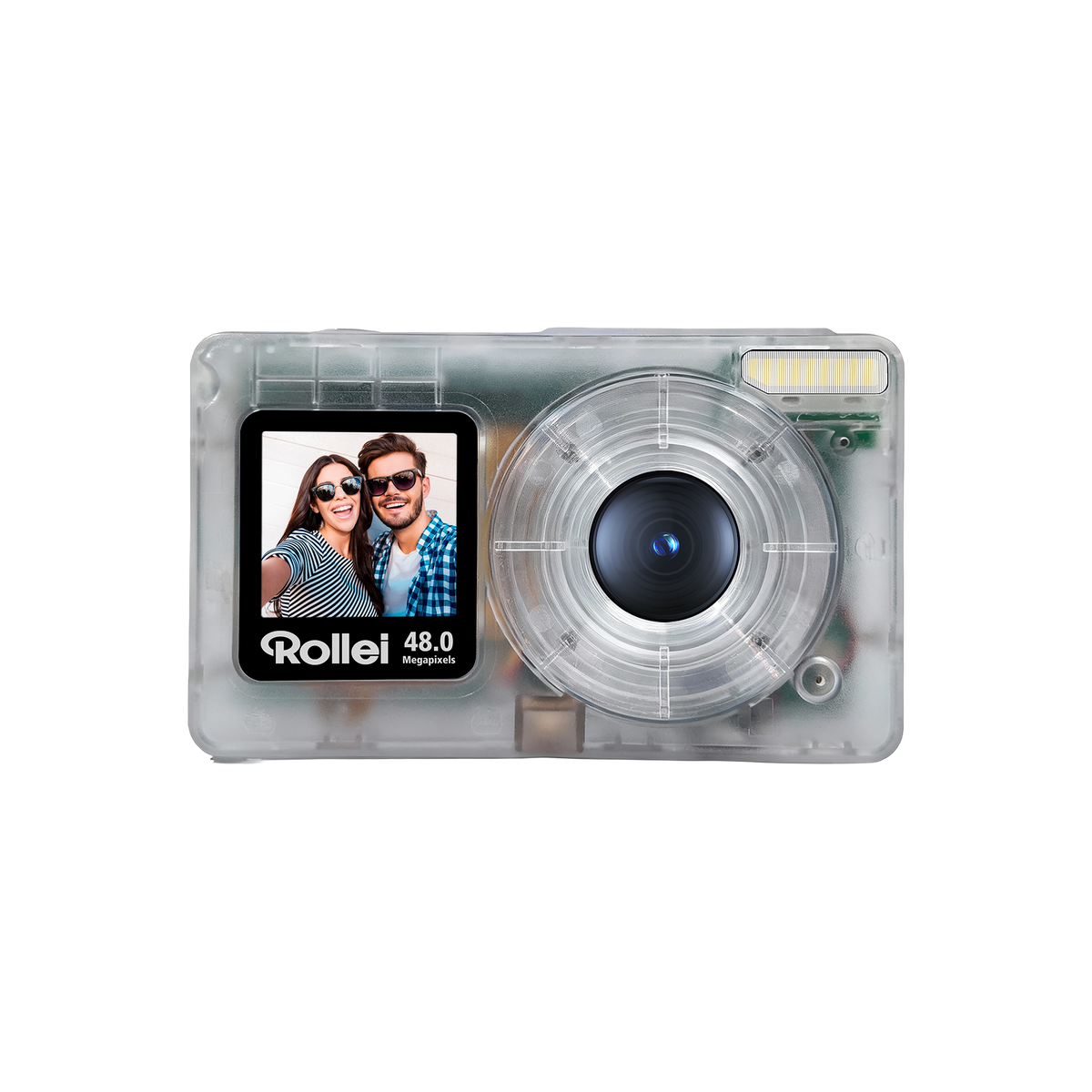 A clear waterproof camera case with a built-in screen and lens cover, shown from the front on a white background. The screen displays the brand name 'Roller' and '48.