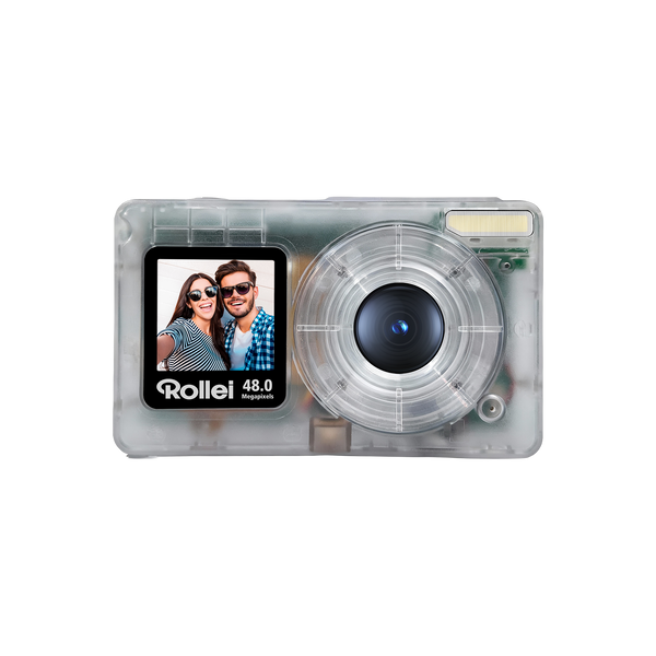 A clear waterproof camera case with a built-in screen and lens cover, shown from the front on a white background. The screen displays the brand name 'Roller' and '48.