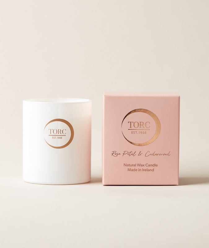 TORC Rose Petal & Cedarwood Candle with sandalwood, amber, vegan, cruelty-free, 50hr burn time – Keans Claremorris