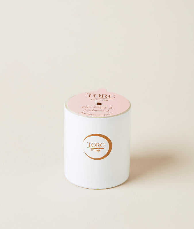 TORC Rose Petal & Cedarwood Candle with floral and woody scent, available at Keans Claremorris.