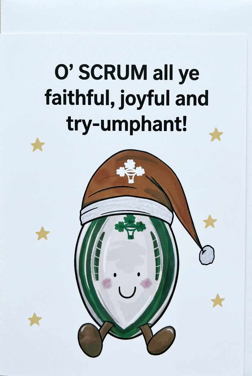 A printed card or poster with the text 'o'Scrum all ye faithful, joyful and try-umphant!' above a cartoon egg character wearing a Santa hat, on a white background with small gold stars.