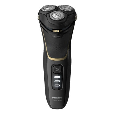 Philips S3333 54 Wet or Dry Electric Shaver Series 3000 in black with three rotary blades and LED display on handle