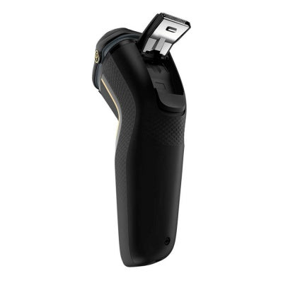Philips S3333 54 electric shaver with pop-up trimmer extended, black with textured grip and gold accent.