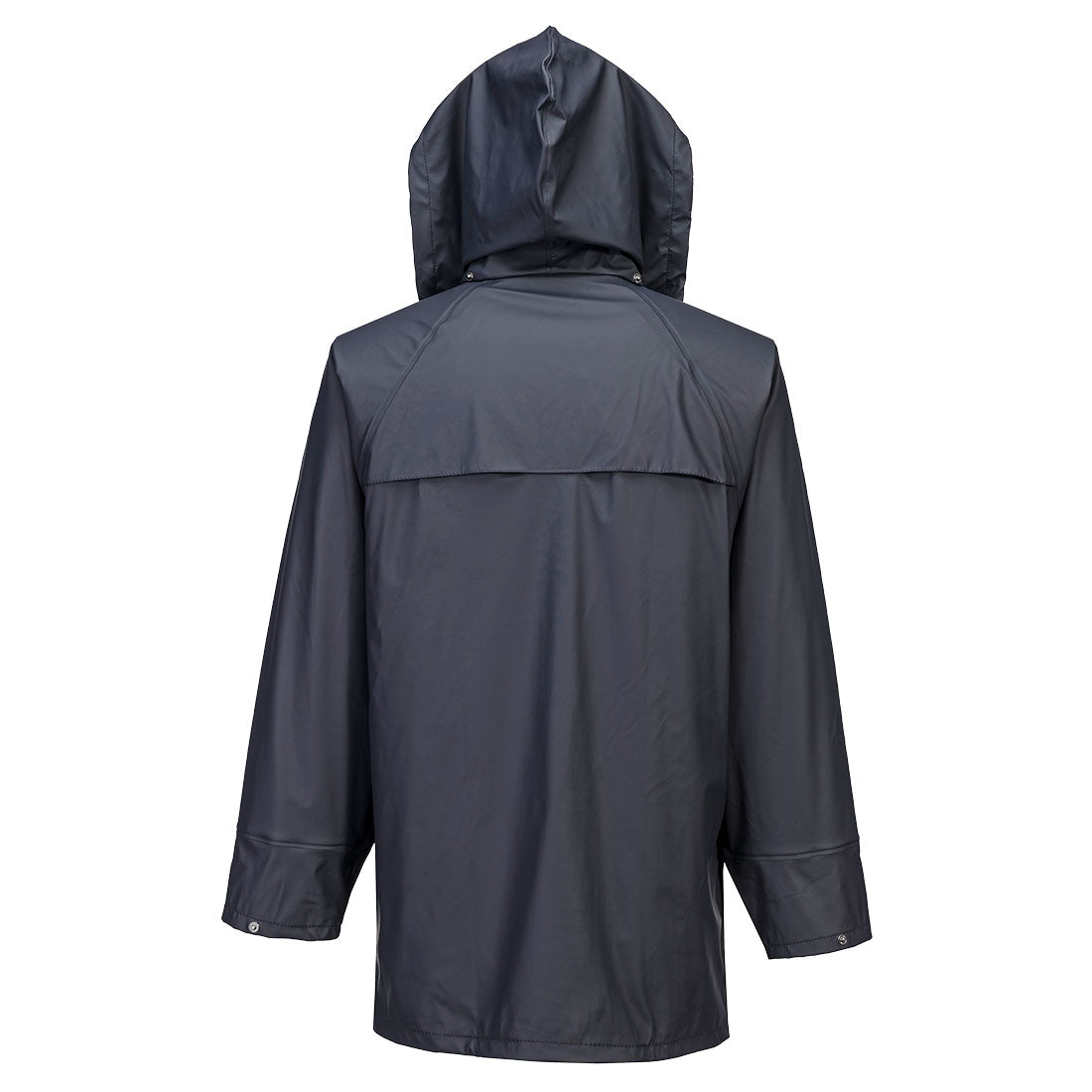 Back view of navy Sealtex Air Jacket with hood and long sleeves on white background
