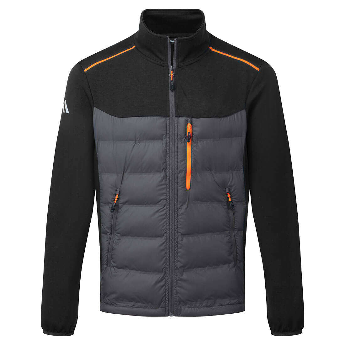 Hybrid Baffle Jacket in black with padded grey front, orange zipper accents, and knitted black sleeves.