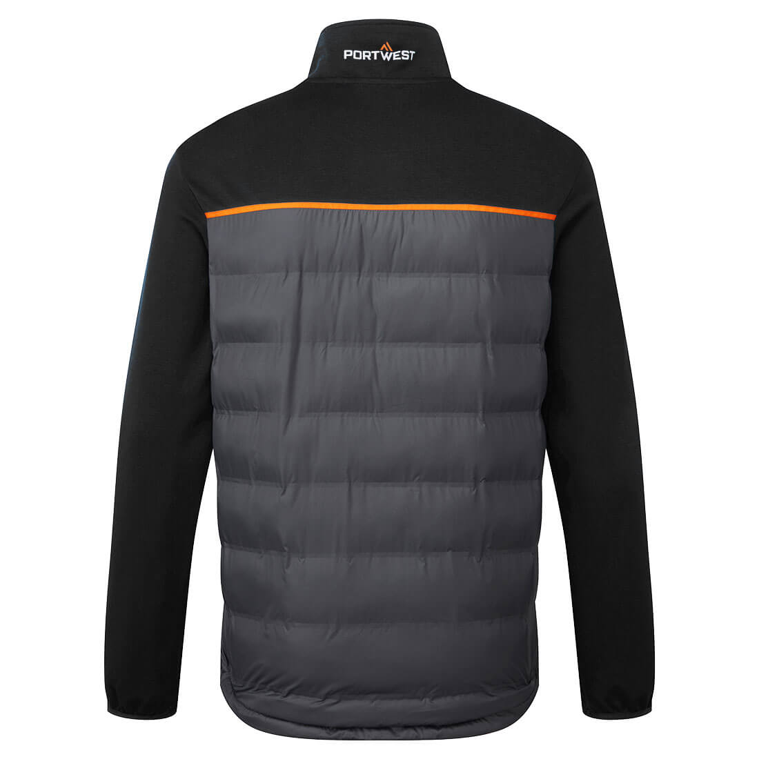 Back view of Hybrid Baffle Jacket in black with quilted grey back panel and orange trim detail.