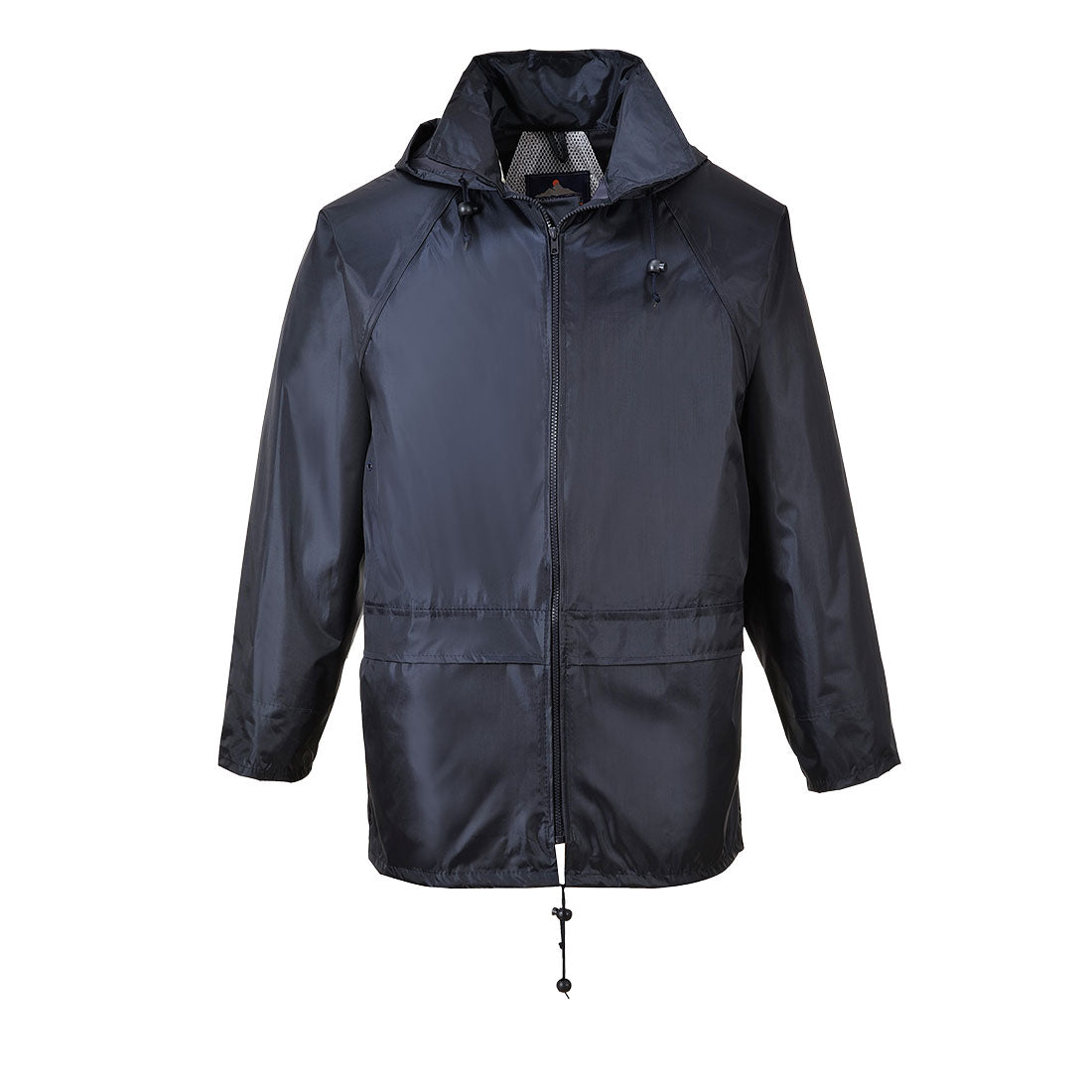 Navy Portwest Nylon Jacket with front zipper, adjustable hood, and drawstring hem on white background.