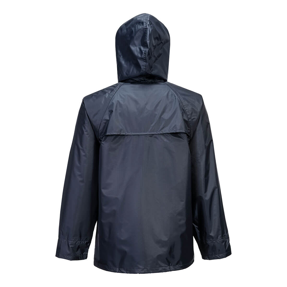 Portwest Nylon Jacket in navy, shown from the back with hood and long sleeves.
