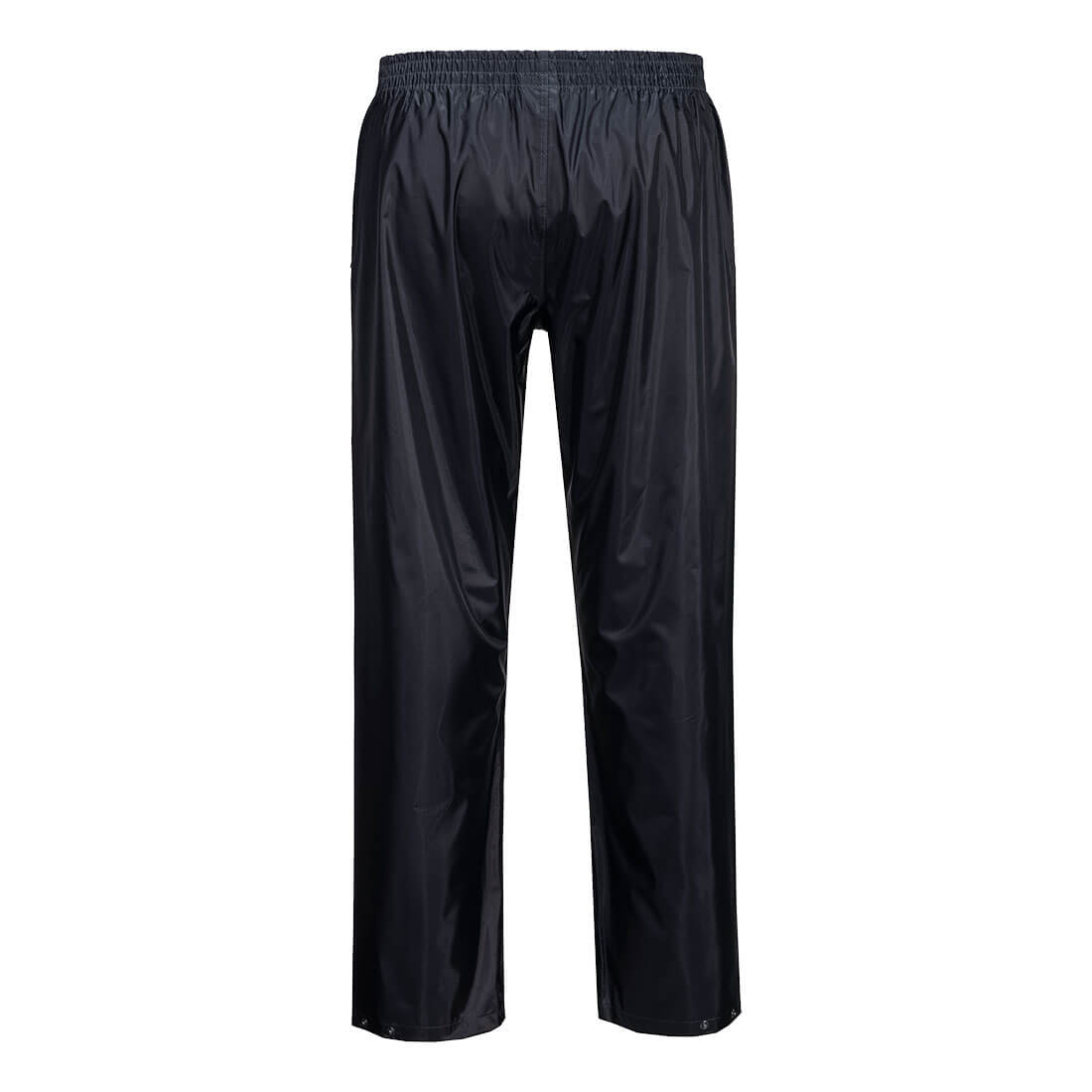 Navy Portwest nylon rain trousers with elastic waistband and snap closures at the ankles.