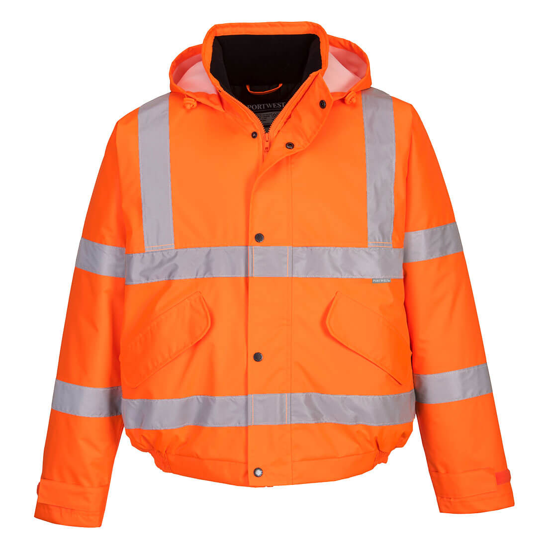 Hi-vis orange winter bomber jacket with reflective stripes, front pockets, and a hood.