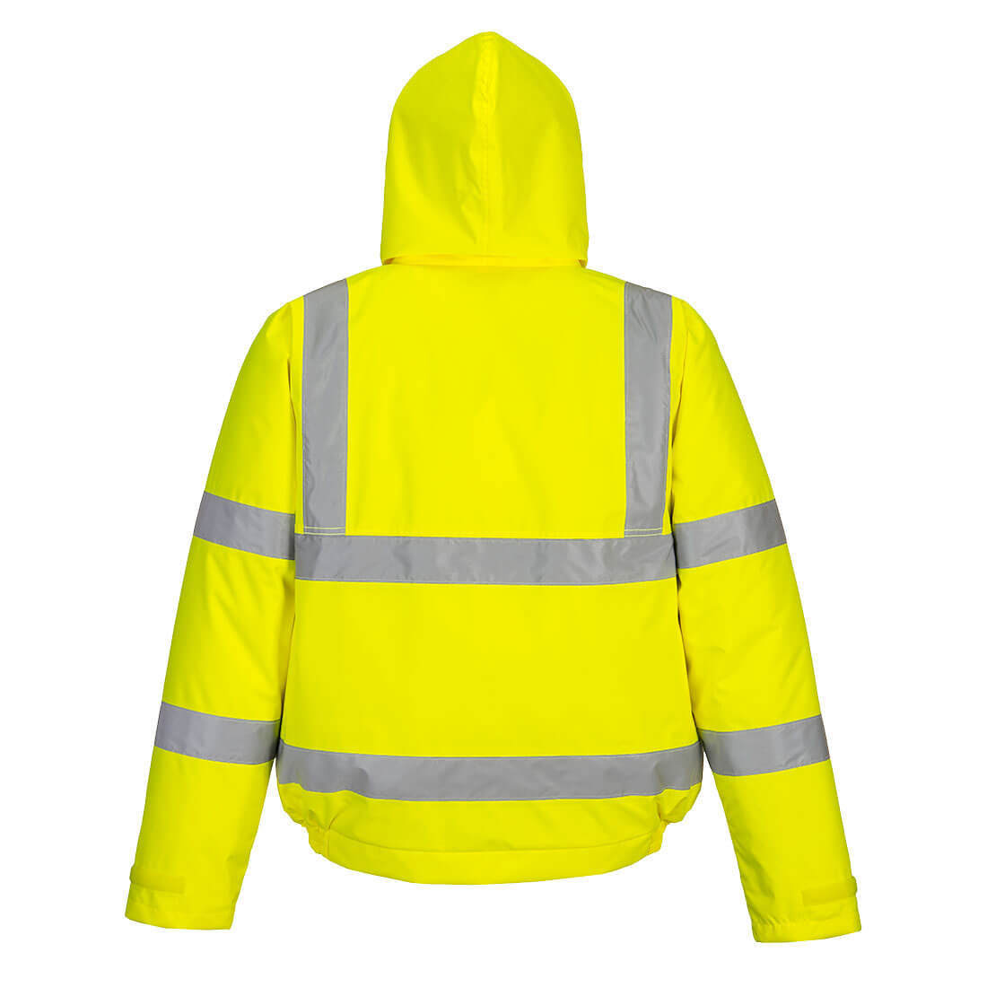 Back view of a yellow hi-vis bomber jacket with reflective silver stripes and a hood.