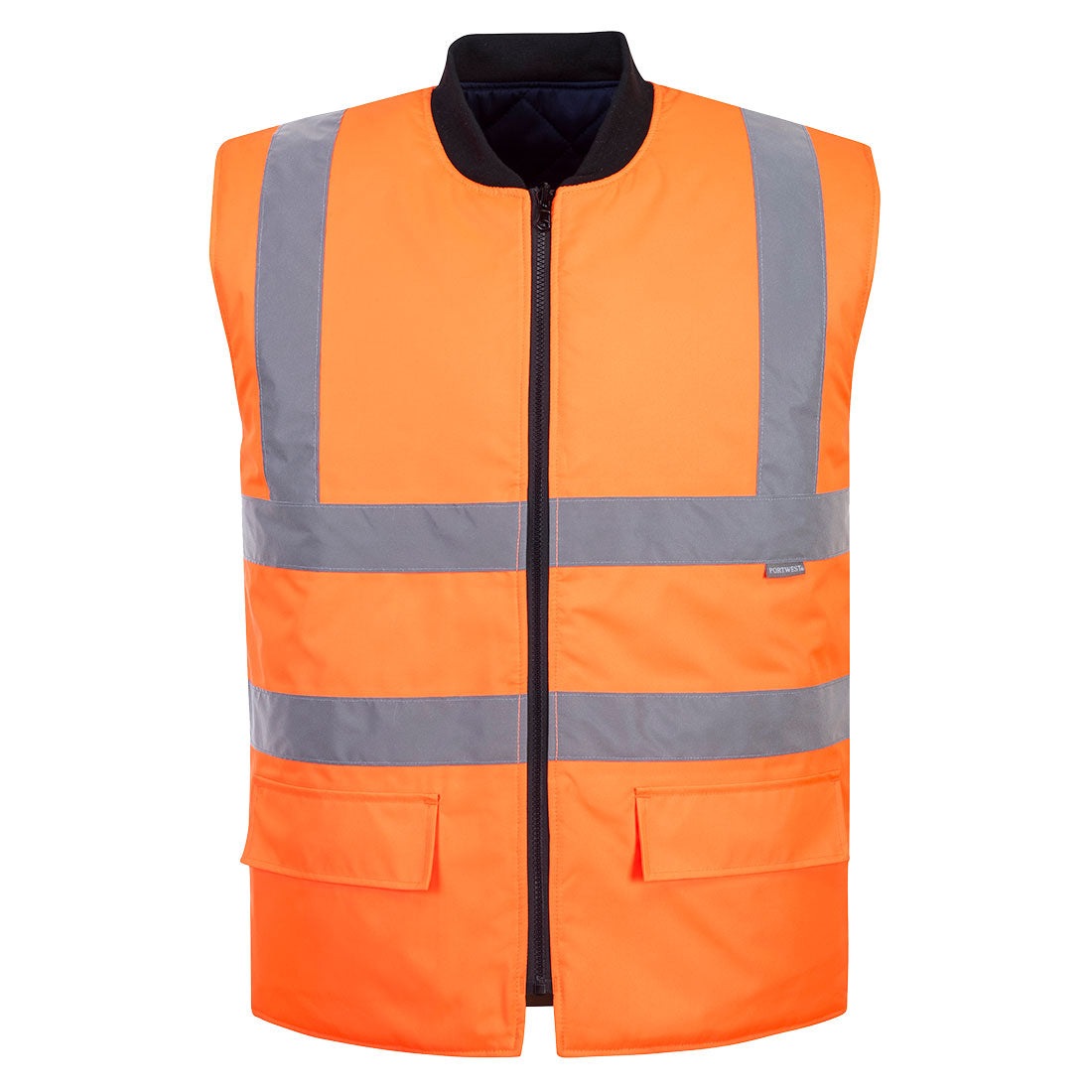 Hi-Vis reversible bodywarmer in bright orange with reflective tape, front zipper, and two flap pockets.
