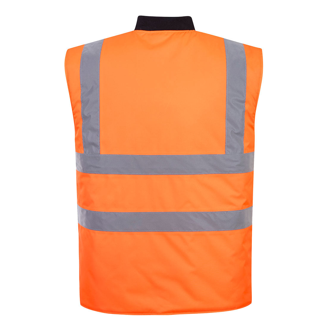 Hi-Vis Bodywarmer in bright orange with two horizontal and two vertical reflective grey stripes, back view.