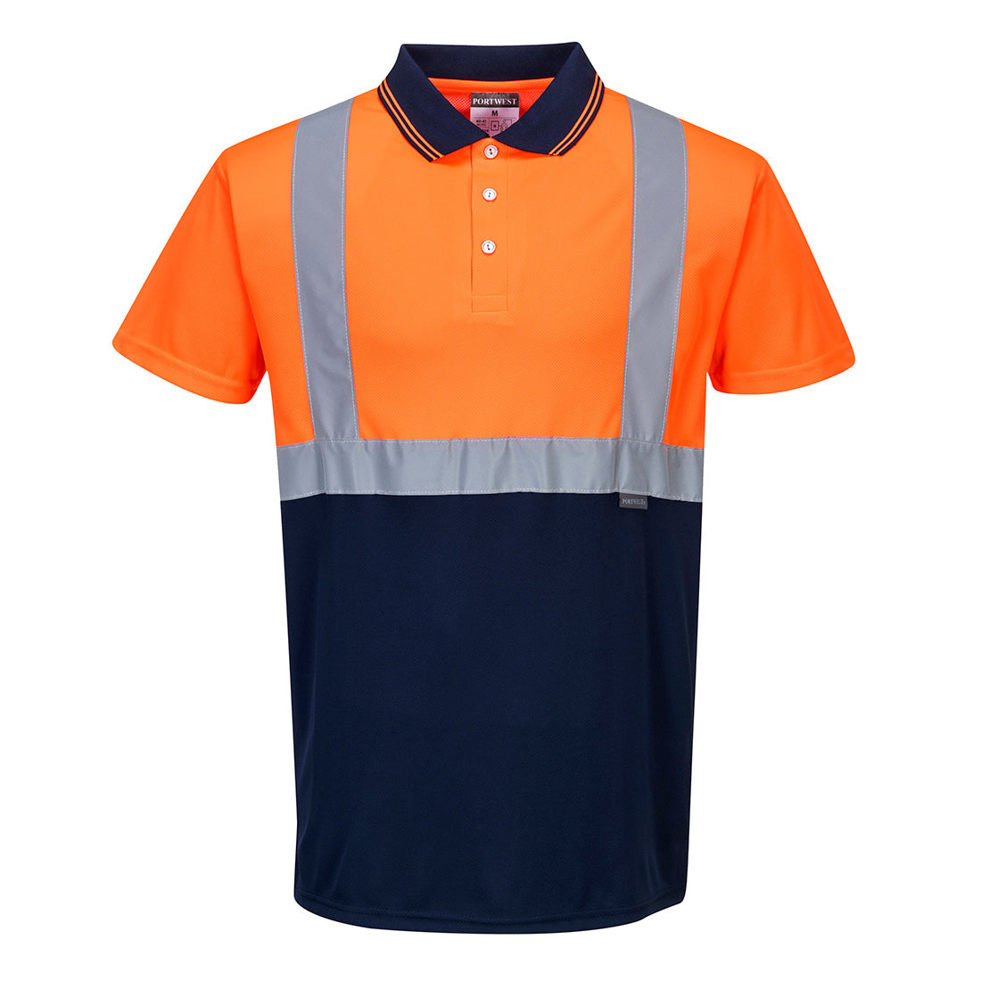 Hi-Vis 2-Tone Polo Shirt in orange and navy with reflective tape and a navy collar with orange stripes