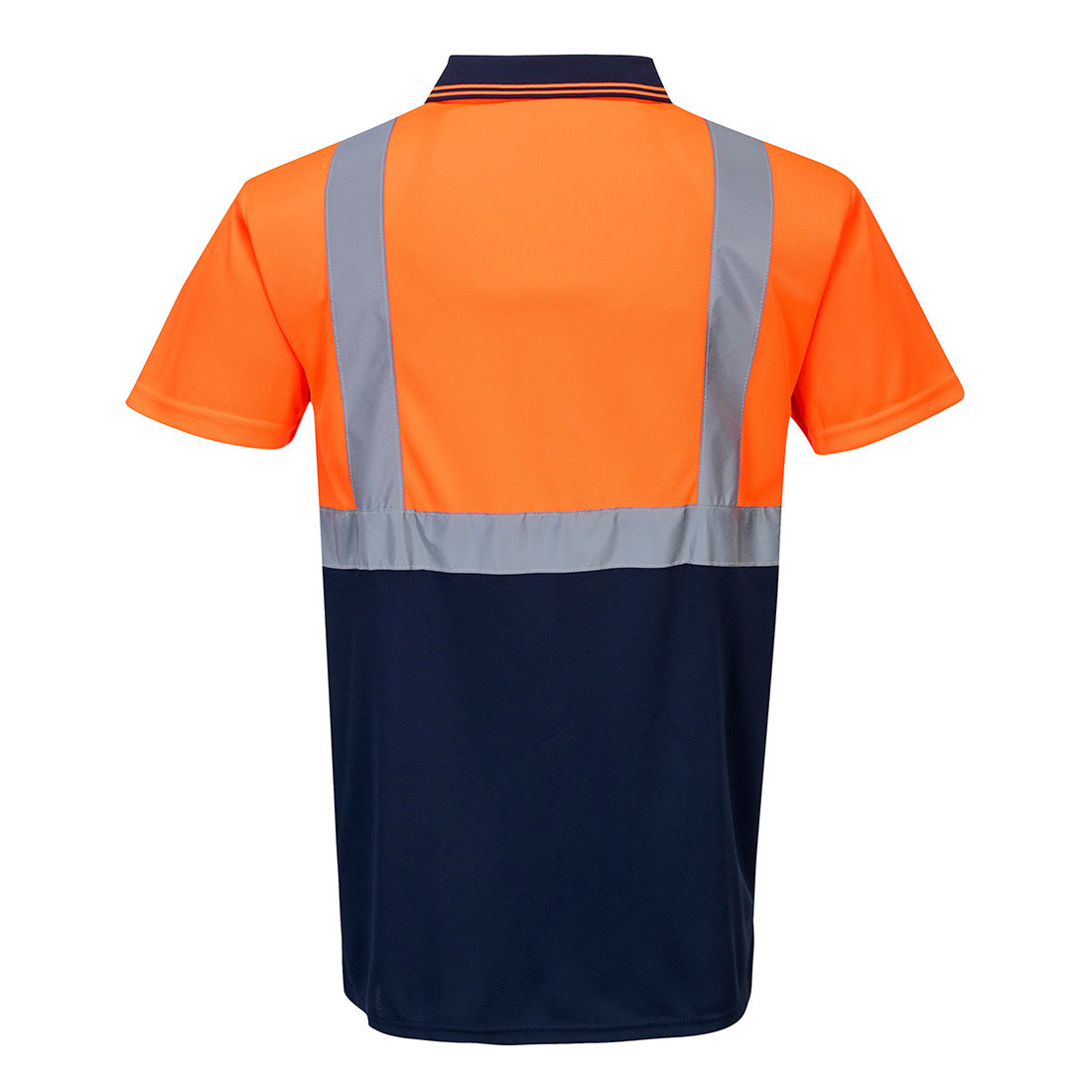 Hi-vis 2-tone polo shirt in orange and navy with reflective silver stripes, shown from the back.