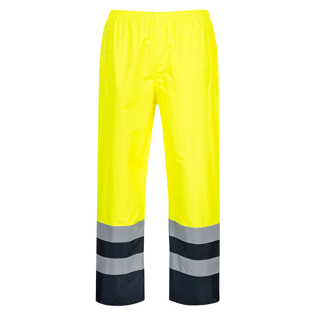 Yellow high-visibility traffic trousers with two-tone reflective bands near the cuffs and an elastic waistband.