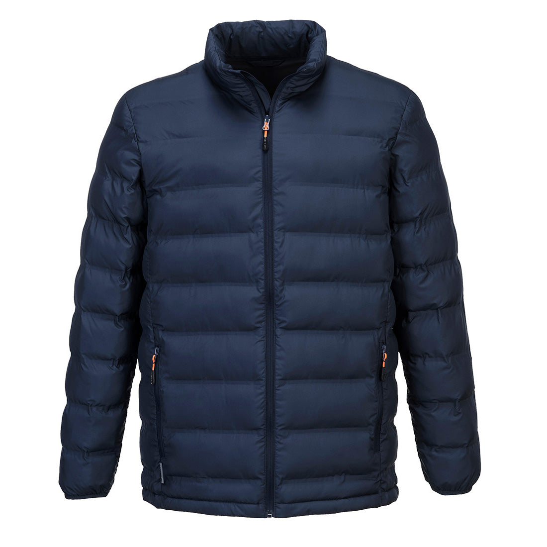 Navy Ultrasonic Tunnel Jacket with horizontal quilting, zip front, and zippered side pockets.